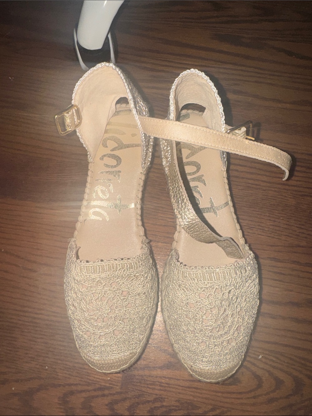 Crochet Ankle-Strap Espadrille Wedges in Beige